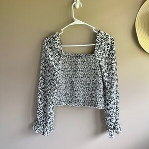 AQUA Smocked Long Sleeve Crop Blouse, Medium